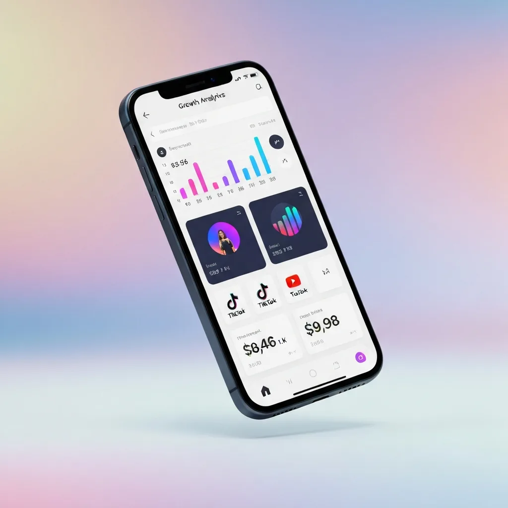 clean modern smartphone displaying social media growth analytics,