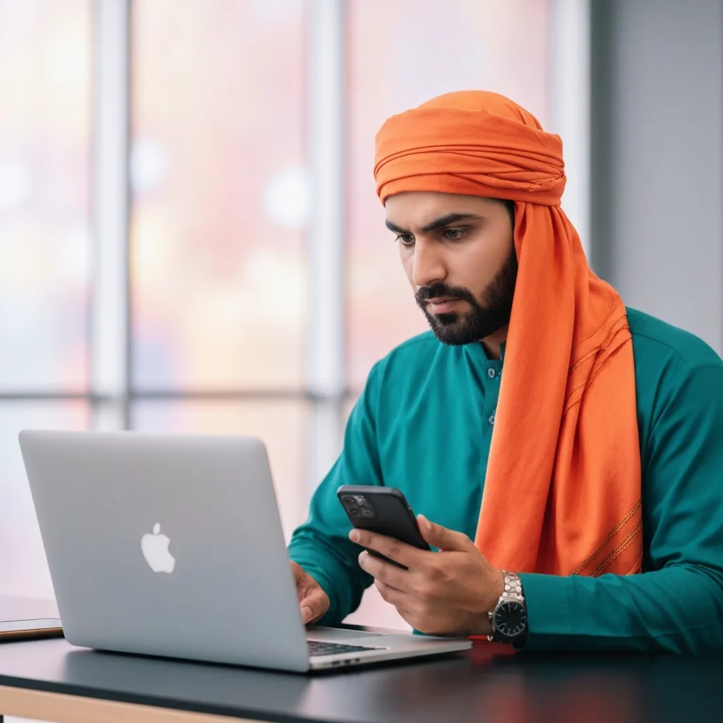 young Pakistani entrepreneur using smartphone and laptop to